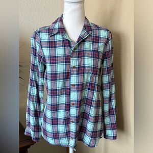 J Crew Textured Cotton Plaid Teal Blue Orange Button Down Shirt Top 6P